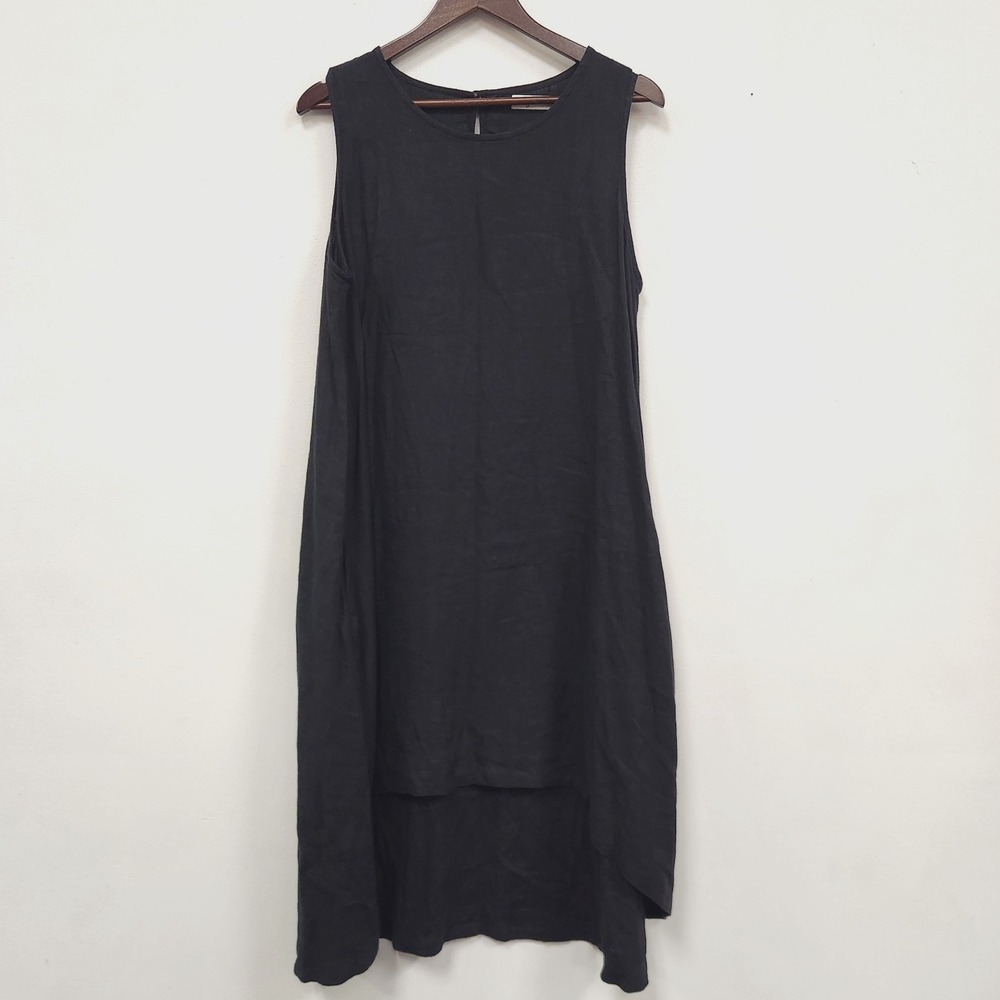 Magic Linen Womens Linen High Low Sleeveless Lagenlook Dress Size XL Black